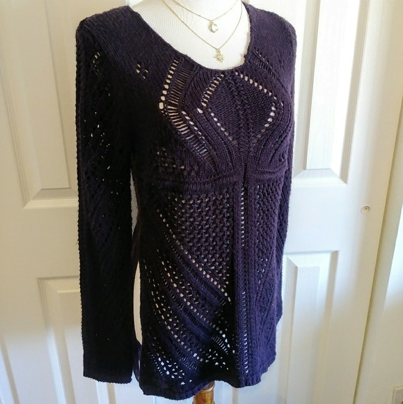 Anthropologie boho purple knit sheer back sweater - Picture 2 of 8